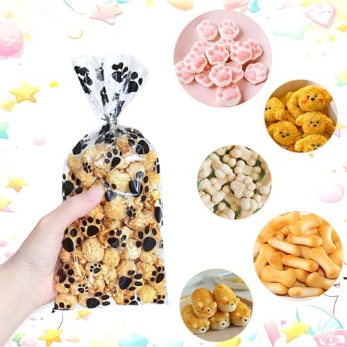 ZYLOP 100 Pcs Dog Treat Bags - 5 x 11 Inch Clear Cellophane Puppy Party Favor Bags with 110 Silver Twist Ties, Plastic Dog Paw Print Goodie Bags for Pet Birthday, Cat Treats, Candy & Cookies, Black