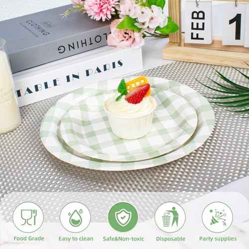 Vyntra 50 Pcs Sage Green Gingham 9 Inch Round Paper Dinner Plates