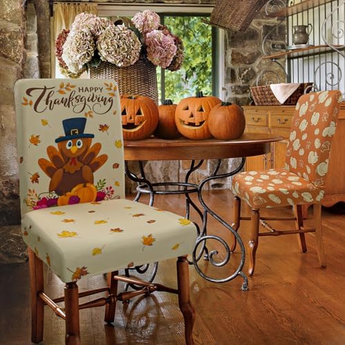 Thanksgiving Chair Covers Set of 4 Cute Turkey Stretch Parsons Slipcovers