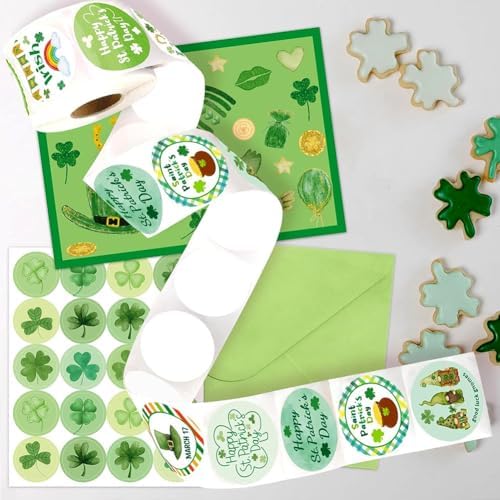St. Patrick's Day Stickers Roll 1in Shamrock Sticker Decor 8 Designs Self-Adhesive Clover Sticker Decals for Irish Holiday Party Scrapbook Journal Envelopes Goodie Bags Decorations - 500Pcs