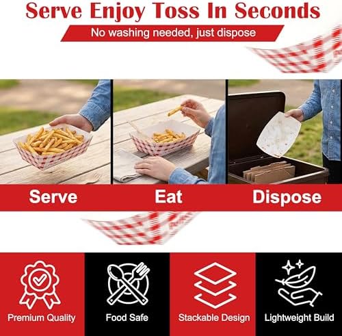 Perfect Stix- 2 lb Checkered Paper Food Trays – Pack of 50 – Disposable Red Check Food Boats for Fries, Burgers, Hot Dogs & Concession Snacks – Grease Resistant Food Service Tray