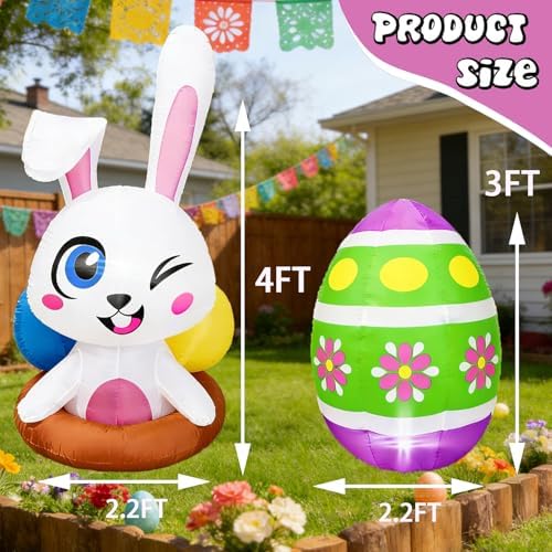 Set of 2PCS, 4FT H Spring Inflatable Bunny and Egg, Outdoor Easter Egg Hunting Sign Decorations, Cute Easter Blow up Winking Bunny & Giant Egg, Yard Decoration with LED Lights for Party Decor