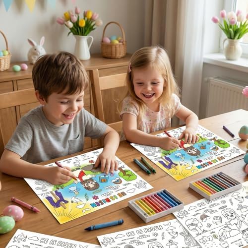 45pcs He is Risen Disposable Coloring Placemats Easter Christian Crafts for Kids Sunday School Easter Party Favors Coloring Poster Religious Activity Church Supplies Paper Table Mats