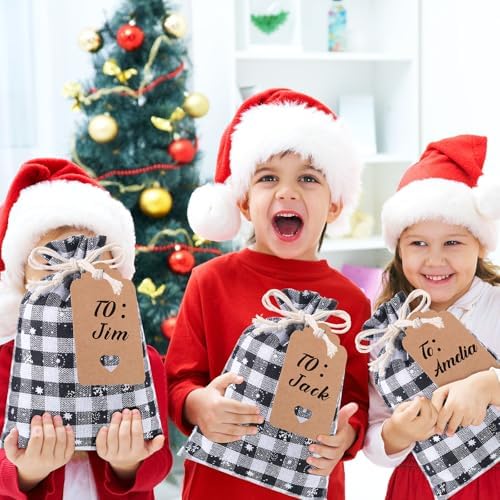 Shappy 24 Pcs Christmas Drawstring Gift Bags Xmas Buffalo Plaid Burlap Advent Bags 10 x 8 Inches Linen Treat Candy Bag with 32.8 ft Rope 24 Card(Black White Snowflake)