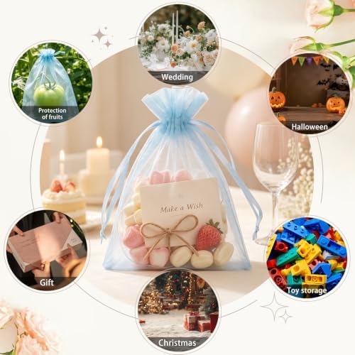 Wudygirl 50 Pcs Organza Bags, 5x7 IN Drawstring Gift Bags-Sky Blue