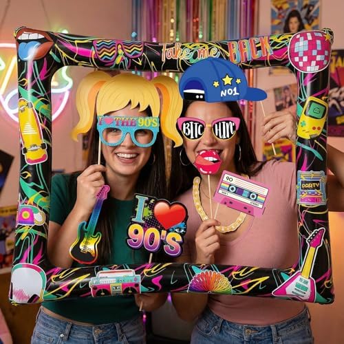 90s Inflatable Photo Frame & Props, 25Pcs Back to The 90s Photo Booth Props with Inflatable Selfie Picture Frame for 1990s Throwback Birthday Party Supplies