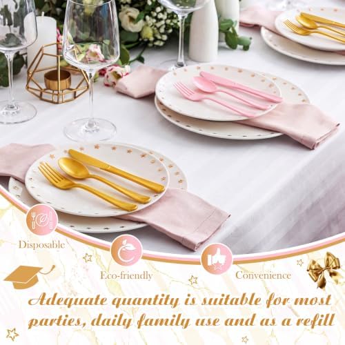Minatee 180 Pcs Pearlescent Gold Pink Plastic Silverware Heavy Duty Cutlery Sets Disposable Utensils for Holiday Birthday Themed Party Supplies, 60 of Each Forks Knives Spoons