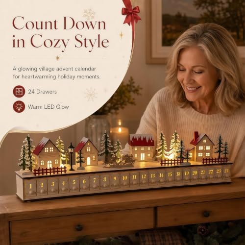 32 inch Light-Up Wooden Christmas Village Advent Calendar with 24 Drawers