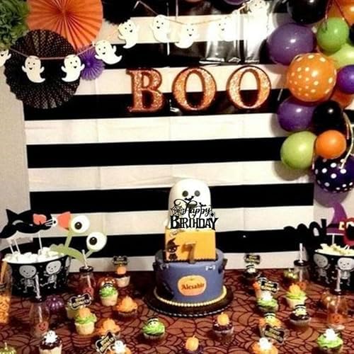 1 PCS Halloween Happy Birthday Cake Topper Black Glitter Spider Web Bat Cake Pick Halloween Party Decorations for Baby Shower Kids Birthday Party Cake Decorations Supplies