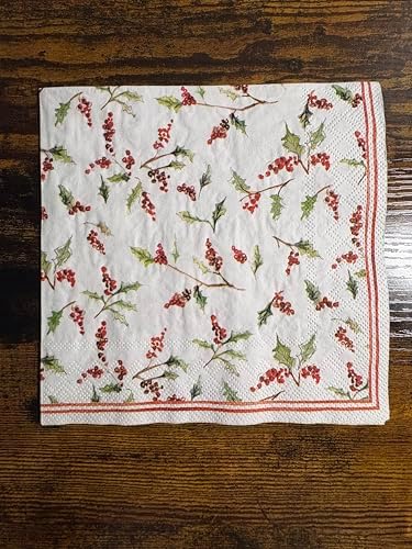 IHR Ideal Home Range Party Napkins Disposable 3-Ply Paper Lunch Napkin Pack, 6.5" x 6.5", Christmas Ilex Berries, 20-Count