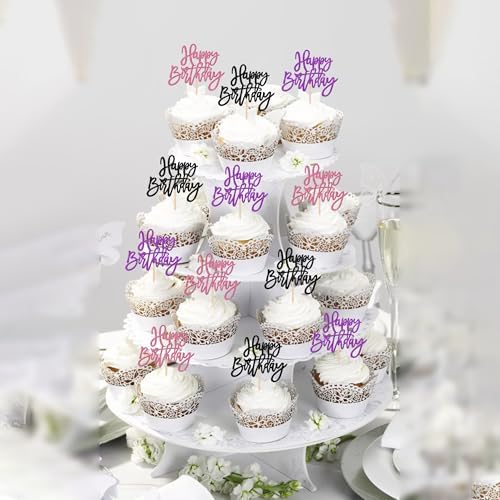24 PCS Happy Birthday Cupcake Toppers Glitter Happy Birthday Cupcake Picks for Celebrating Anniversary Theme Party Cake Decorations Supplies Black Purple Pink