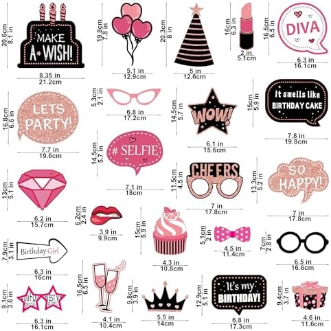 30 Pcs Hot Pink Birthday Photo Booth Props Kit for Girls, Happy Birthday Party Favors Supplies with Mini Frame Bday Party Decoration Set for Women Rose Gold Selfie Paper Party Supplies
