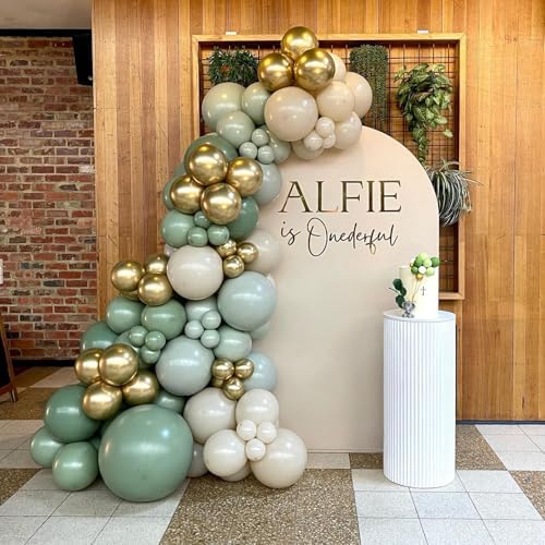 Sage Green Balloons Arch Kit, 124pcs Sage Green White and Gold Balloons