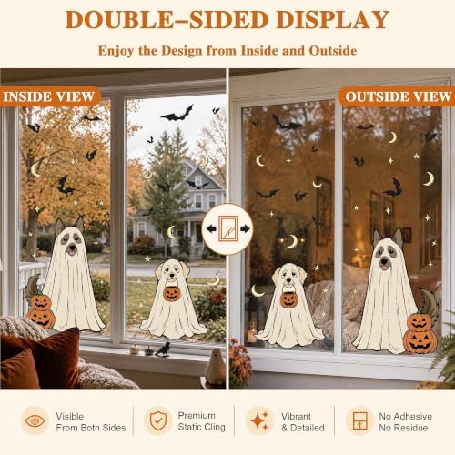 Halloween Window Clings, 3pcs Dog Ghost Funny Design Halloween Decorations Window Decals, Draped Fabric Ghost Puppy Static Cling Stickers for Glass Door Home Kids Room Office Classroom Decor