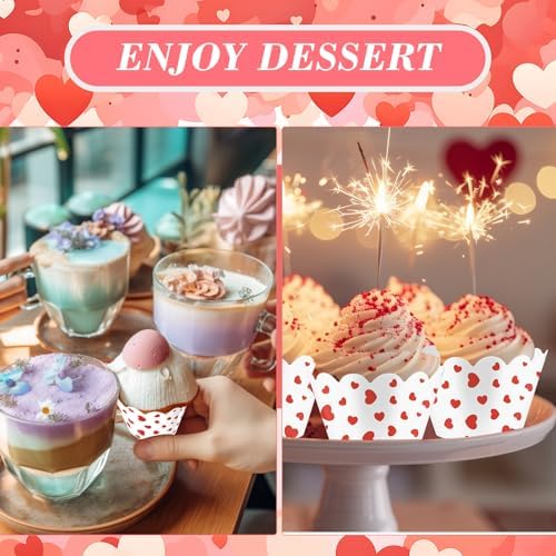 Domensi 100 Pcs Red Heart Cupcake Wrappers Rustic Cupcake Liners Red Baking Cups Baking Liners for Mother's Day Wedding Bridal Baby Shower Birthday Party Supplies Dessert Decoration
