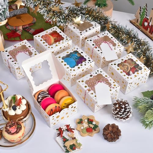 32Pcs 4x4x2.5 in Christmas Cookie Boxes with Window, White Gold