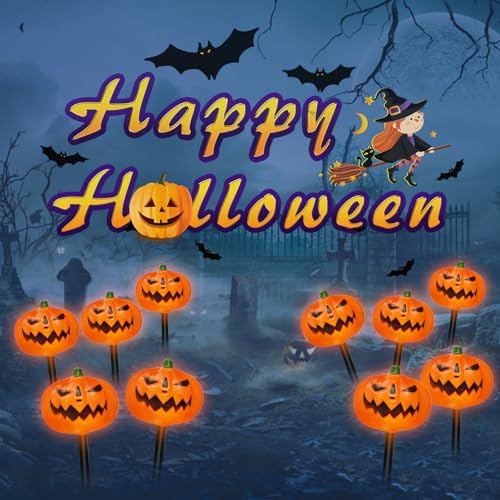 BRIGHTDECK Halloween Solar Pathway Lights Outdoor, LED Decor, Light Up Solar Stake Lights for Holiday, Halloween, Walkway, Sidewalk (Flat Pumpkin, 10-Pack)