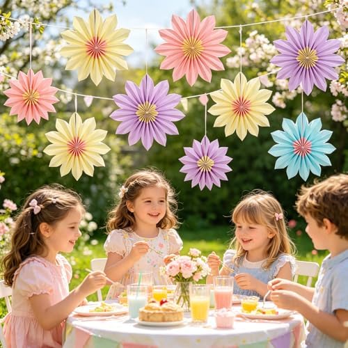 Pastel Paper Fans, Pastel Party Decorations for Classroom, Birthday, 9 PCS Yellow, Pink and Purple Pastel Paper Flower Decorations for Baby Shower, Wall Decor