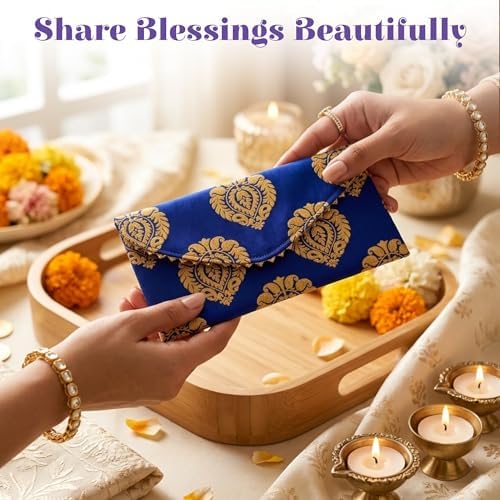 LoveNspire Brocade Fabric Money Envelopes (8 x 4 Inch) Decorative Floral Pattern Shagun Lifafa for Indian Wedding, Birthday | Cash Gift Holder & Home Savings Organizer Blue/Pack of 20