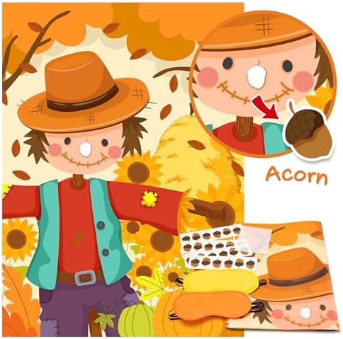 Fall Themed Pin the Nose On the Scarecrow Party Game Poster with 24 Pcs Acorn Stickers Fun Autumn Harvest Party Activity Decorations Supplies for Thanksgiving Halloween Fall Festivals Birthday