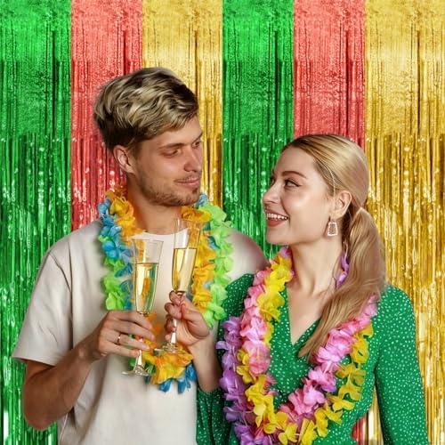 5 Pack Hawaii Party Backdrop Decorations Vibrant Summer Streamers Foil Fringe Curtains Metallic Tinsel Backdrop for Birthday Graduation Baby Shower Christmas Beach Holiday Party Decors