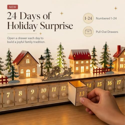 32 inch Light-Up Wooden Christmas Village Advent Calendar with 24 Drawers