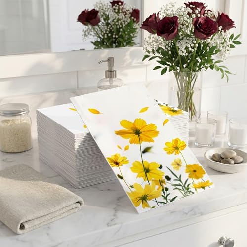 200 Pack Daisy Disposable Paper Napkins Yellow Floral Summer Guest Towels Small Portable Hand Wipes for Wedding Birthday Tea Party Kitchen Bathroom Table Decor