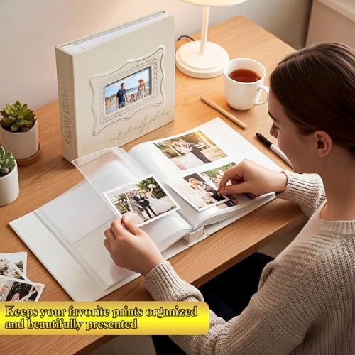 Dunzoom Our Family Photo Album 200 Pcs 4x6 Inch Leather Wedding Anniversary Album with Front Window Double Heart Design Couple Gifts