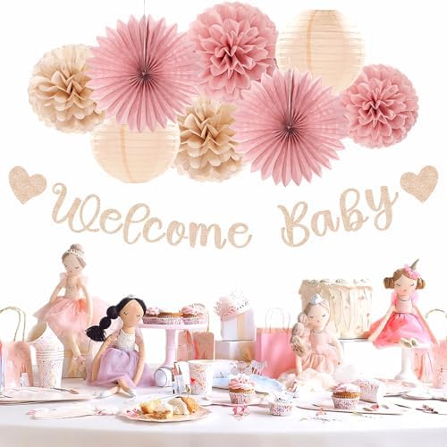 Blush-Pink Rose-Gold Fall Baby-Shower Party-Decorations - 31pcs Welcome Home Banner Sign,Neutral Paper Lanterns,Girl Streamers Garland,Boho Hanging Tissue Pom Poms Flowers Fans Backdrop Decor Burgleda