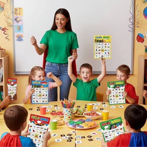 Shappy 35 Pcs Hero Party Bingo Games 24 Player Cartoon Comic Birthday Game