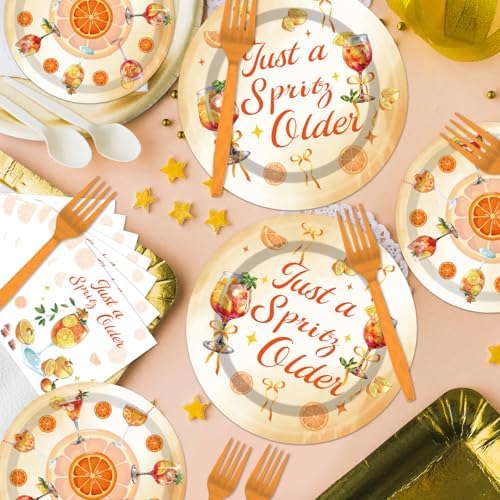 EUOYUFO 96Pcs Aperol Sprit Party Decorations Tableware Set Just A Spirity Older Paper Plates Napkins Forks Sprit Cocktail Birthday Bachelorette Bridal Shower Bar Theme Party Supplies Serve 24 Guests