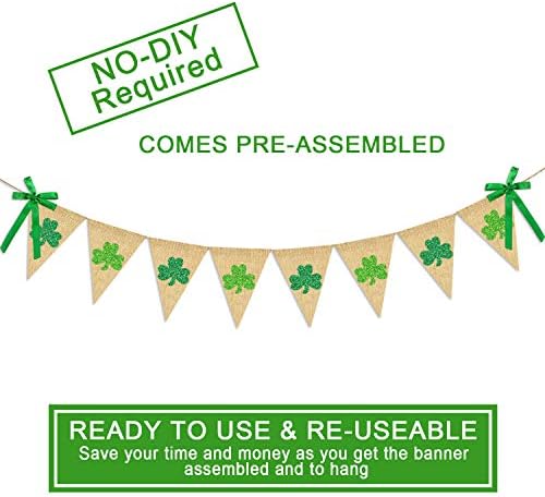 Glitter Shamrock Garland Banner Burlap | Rustic St. Patrick's Day Shamrock Garland | St. Patrick's Day Decorations | Shamrock Clover Garland Banner | Irish Lucky Day Home Outdoor Hanging Decor