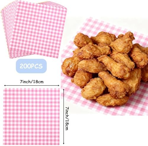 200 Pcs Pink Checkered Deli Paper, 7x7 Inch Waxed Food Wrapping Sheets - Grease Resistant Basket Liners for Burgers, Sandwiches, Bakery & Party Trays
