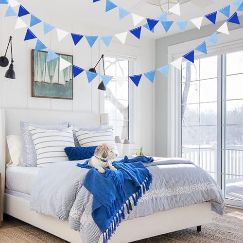 Blue Party Decorations Felt Hanging Triangle Mini Bunting Pennant Banner Flag for Birthday Wedding Shower Bridal Shower Engagement Under The Sea Nautical Ahoy Achor Party Decor Supplies