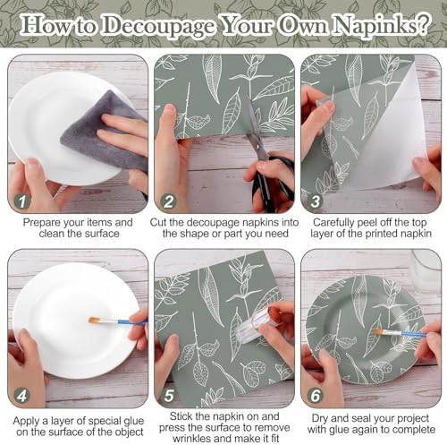 Tenceur 48 Pack 12 Styles Vintage Green Floral Decoupage Napkins, 13''