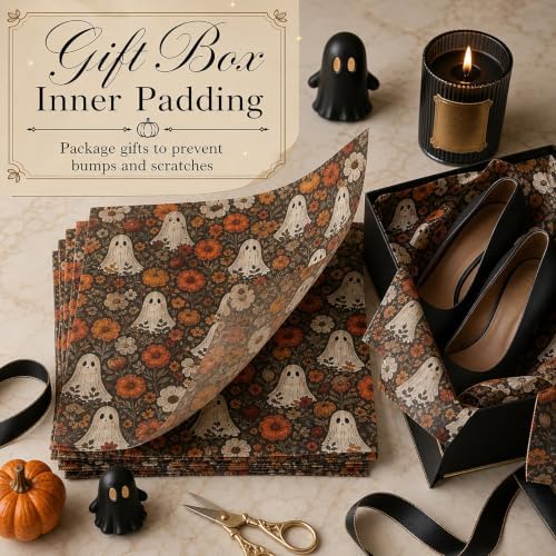 60 Sheets Boho Ghost Floral Tissue Paper, 13.8 x 19.7'' Boho Ghost Floral Pumpkin Patterns Gift Wrapping Paper for Halloween DIY Craft Autumn Party Supplies