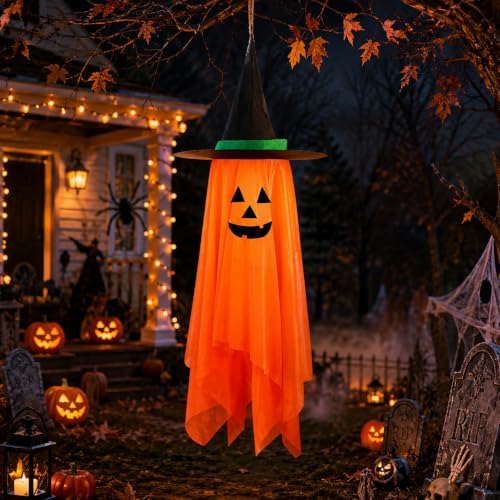 Halloween Decorations Ghost Hanging Ornaments: 39.4 Inch Foldable Cloth Witch Hat Ghost Decor With Lanyards - Reusable Hanging Halloween for Tree Porch Yard and Ceiling Wall Home