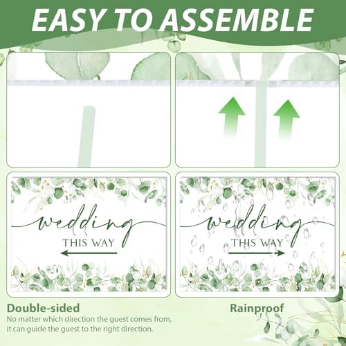 8 Pcs 17 × 8.5" Wedding This Way Directional Parking Signs Road with Stakes Large Double Sided Direction Printed Ceremony Reception Lawn Yard Arrow Sign Exquisite Plastic Rainproof (Green Leaves)