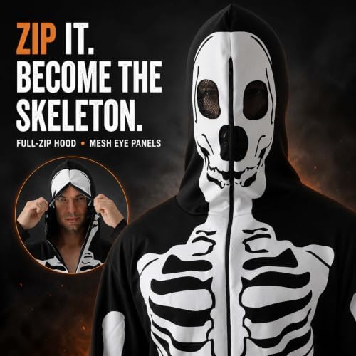 Skeleton Halloween Costume for Men & Women, Double-Sided Zip Hood Jumpsuit