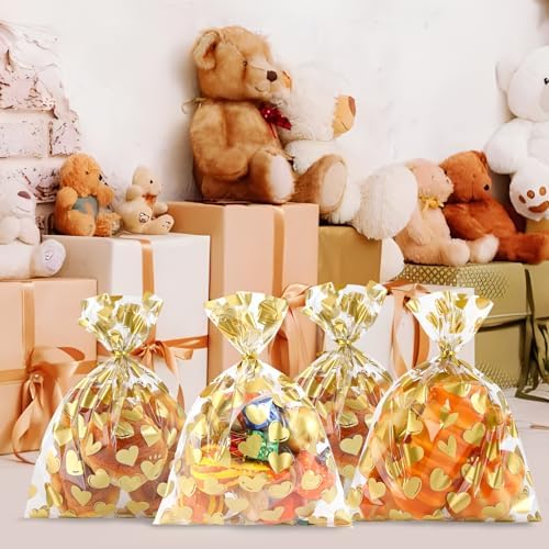 COQOFA 50 Pcs 9X12 IN Gold Heart Cello Cellophane Treat Bags - Clear Candy Cookie Bags with Twist Ties for Baby Shower, Valentine, Wedding, Birthday