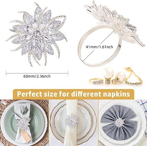 ZeeDix Christmas Flower Napkin Rings Set of 8, Silver Lotus Elegant Rhinestone Napkin Ring Serviette Buckles Holder for Wedding Birthday Christmas Holiday Party Home Kitchen Dinner Table Decoration