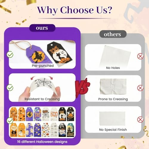 SallyFashion 160 Halloween Tags with String, 16 Styles