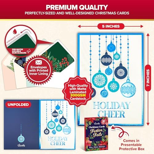 Decorably 40 Pack Foil Embossed 5x7in Assorted Christmas Cards