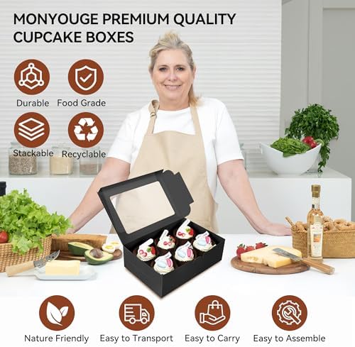 30-Set Cupcake Boxes Bulk with Clear Display Window Hold 6 Standard Cupcakes, Disposable Food Grade Black Cupcake Carrier Cupcake Container, Perfect for Cupcakes Muffins Cookies Pastries