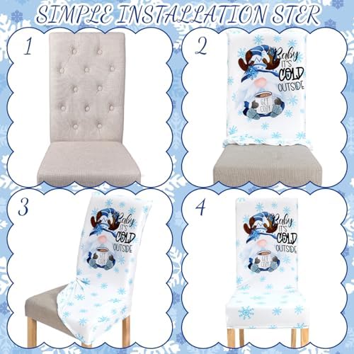 Mindsoft 6 Pcs Winter Chair Covers Dining Protector Removable Washable Stretch Christmas Blue White Gnome Snowflake Slipcovers for Winter Xmas Hotel Party Wedding Holiday Decor