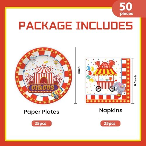 50Pcs Carnival Plates and Napkins Party Supplies, Disposable Circus Birthday Theme Paper Plates Napkins Tableware Set for Baby Shower Birthday Party Decorations (Carnival)