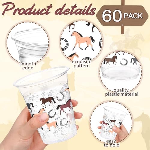 Funnymoom 60 Pack Western Horse Cups 12 oz Horse Racing Theme Disposable Clear Plastic Drinking Cups Bulk for Western Cowboy First Rodeo Farm Themed Birthday Baby Shower Party Decorations Supplies