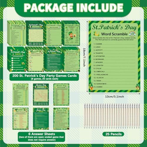231 Pcs St. Patrick's Day Party Games Cards Lucky Shamrock Leprechaun Trivia Word Search Scramble Maze Games St. Patrick's Day Party Gifts Supplies for Adults Kids Irish Classroom Activities Birthday