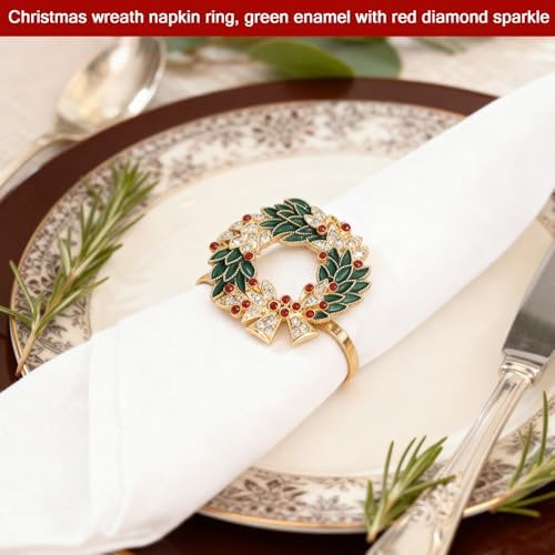 Alloy Enamel Wreath Napkin Rings (4-Set Pack) - Dinner Napkin Holders & Festive Tabletop Topper for Holiday Place Settings
