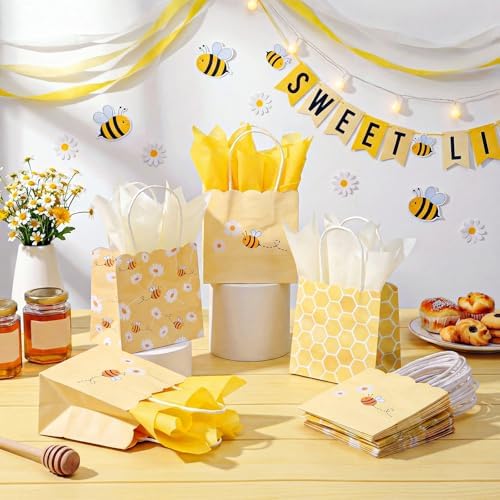 Silkfly 24 Pack Mini Bee Party Gift Bags Bulk with Tissue Paper 5x5x3 Inch